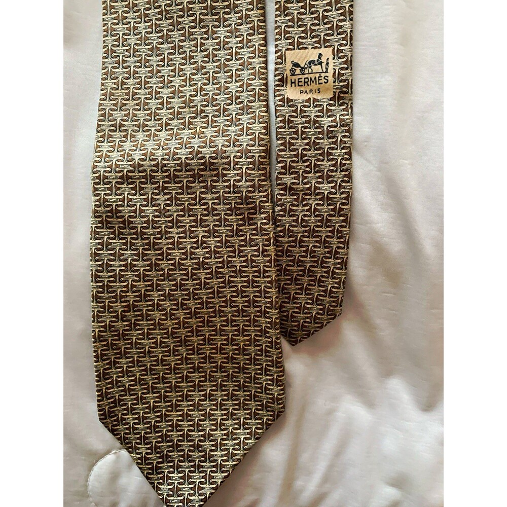 HERMÈS Paris Men's Silk Tie Geometric Brown/Beige Logo Accent MPN 652 TA